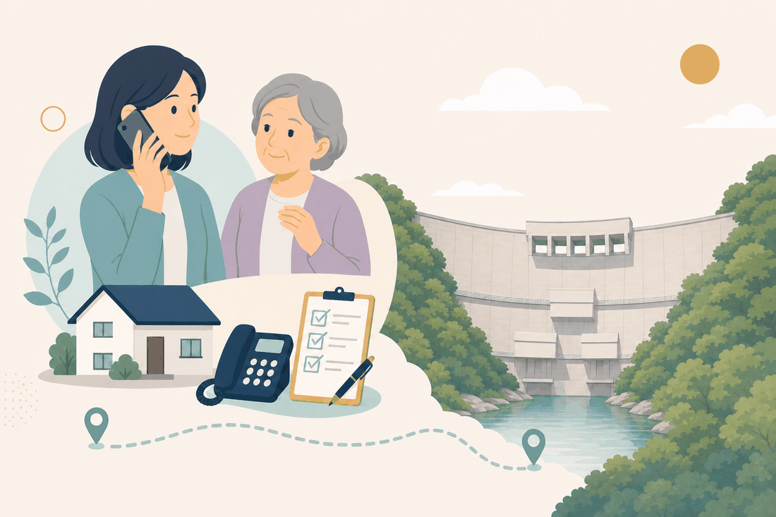 離れて暮らす娘が電話をかけ、そばに親がいる。手前に家、固定電話、確認表。奥に、温井ダム。ゆるく弓なりに湾曲した巨大なコンクリートの壁が立ち、上端に四角い開口が並ぶ。壁の左右は緑の斜面に接し、足もとを川が流れる