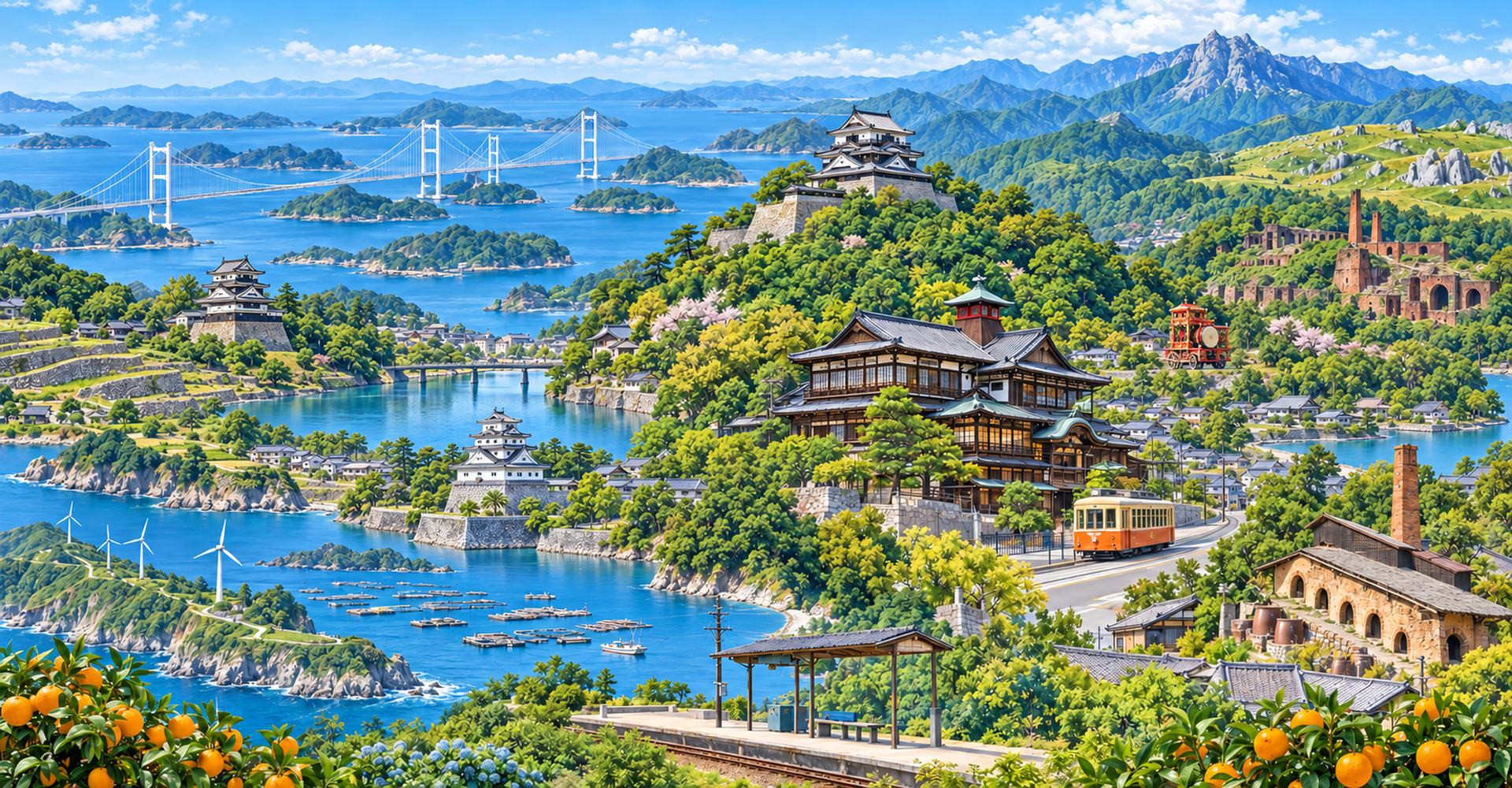 来島海峡大橋と瀬戸内海の島々、松山城、道後温泉本館と市内電車、石鎚山、別子銅山の産業遺産、佐田岬の風車、宇和海の真珠養殖いかだ、みかんを1枚に描いた愛媛県の景観