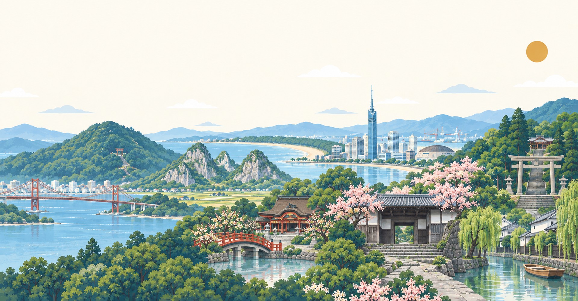 福岡県の名所を並べた絵。若戸大橋、求菩提山、香春岳、三里松原、福岡タワー、太宰府天満宮、秋月城跡、高良大社、柳川の川下り