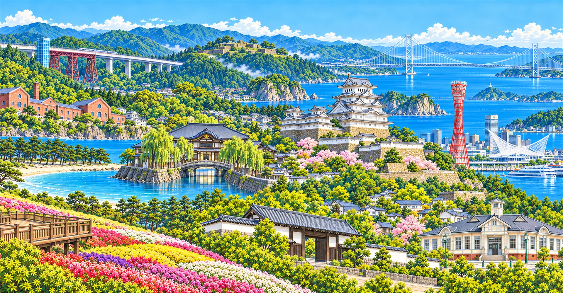 余部鉄橋と空の駅、洲本の赤れんがの建物、慶野松原の砂浜、あわじ花さじきの花畑、城崎温泉の一の湯、竹田城跡の石垣、柏原の長屋門、白い姫路城の天守群、赤い神戸ポートタワー、白い帆の形の神戸海洋博物館、明石海峡大橋、丹波篠山の大正ロマン館を1枚に描いた兵庫県の景観