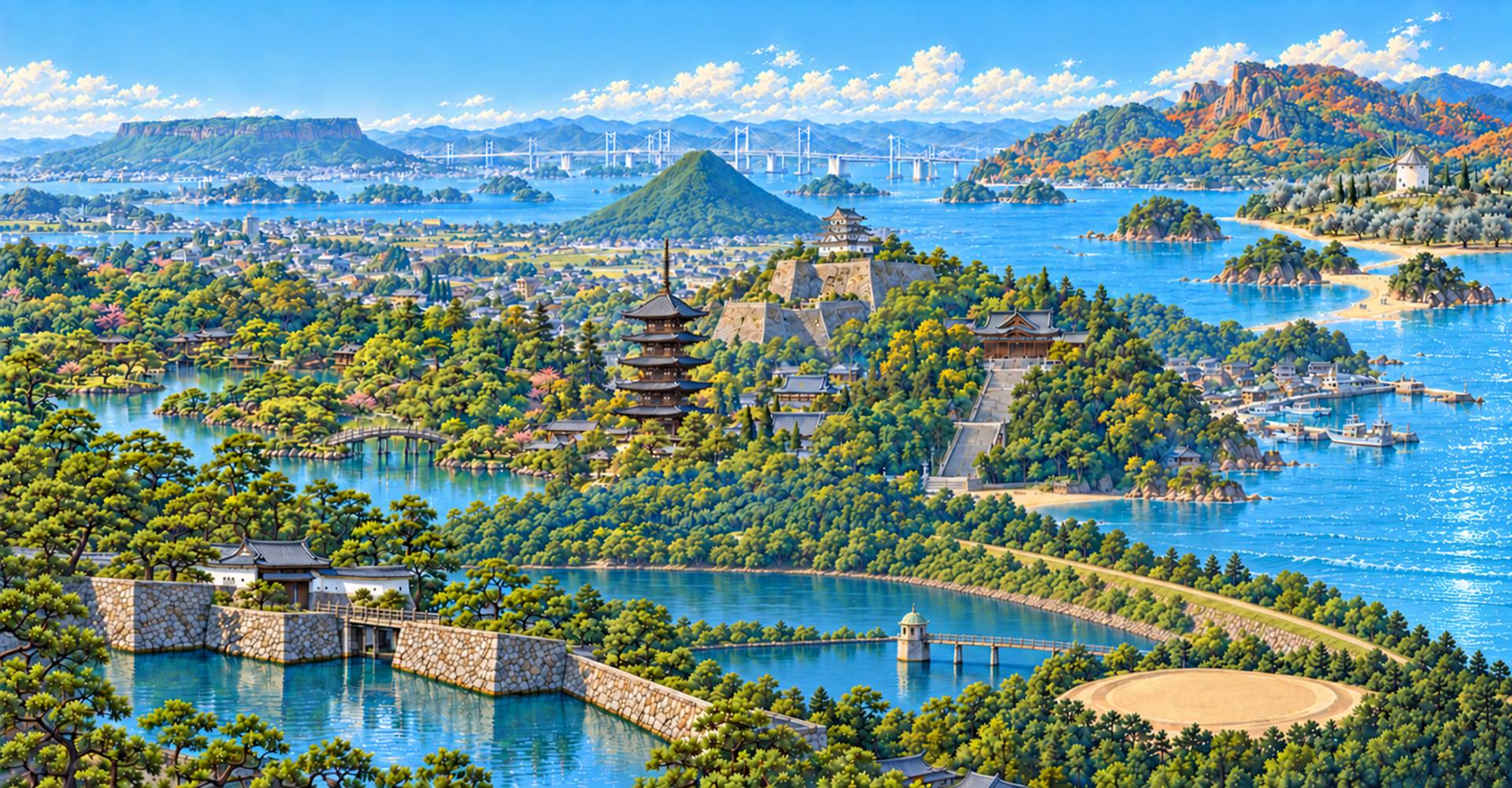 瀬戸内海に浮かぶ山の上の城と麓の神社、瀬戸大橋、小豆島のオリーブ畑と風車を1枚に描いた香川県の景観