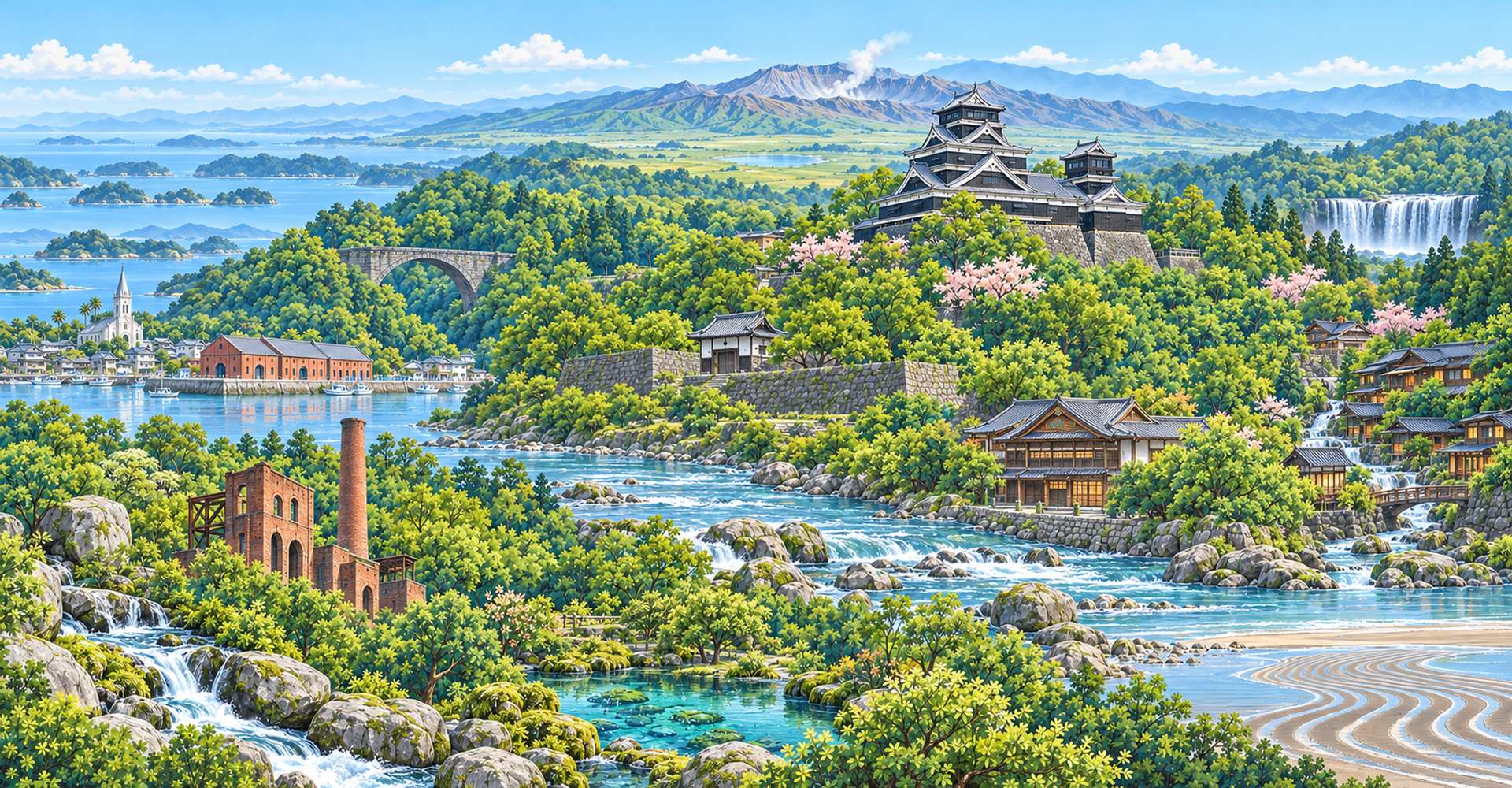 熊本城を中央に、阿蘇の噴煙と山並み、通潤橋、天草の島々と﨑津の教会、万田坑の煉瓦の建物、球磨川の流れ、黒川温泉の宿、鍋ヶ滝、御輿来海岸の砂紋などを1枚に描いた熊本県の景観
