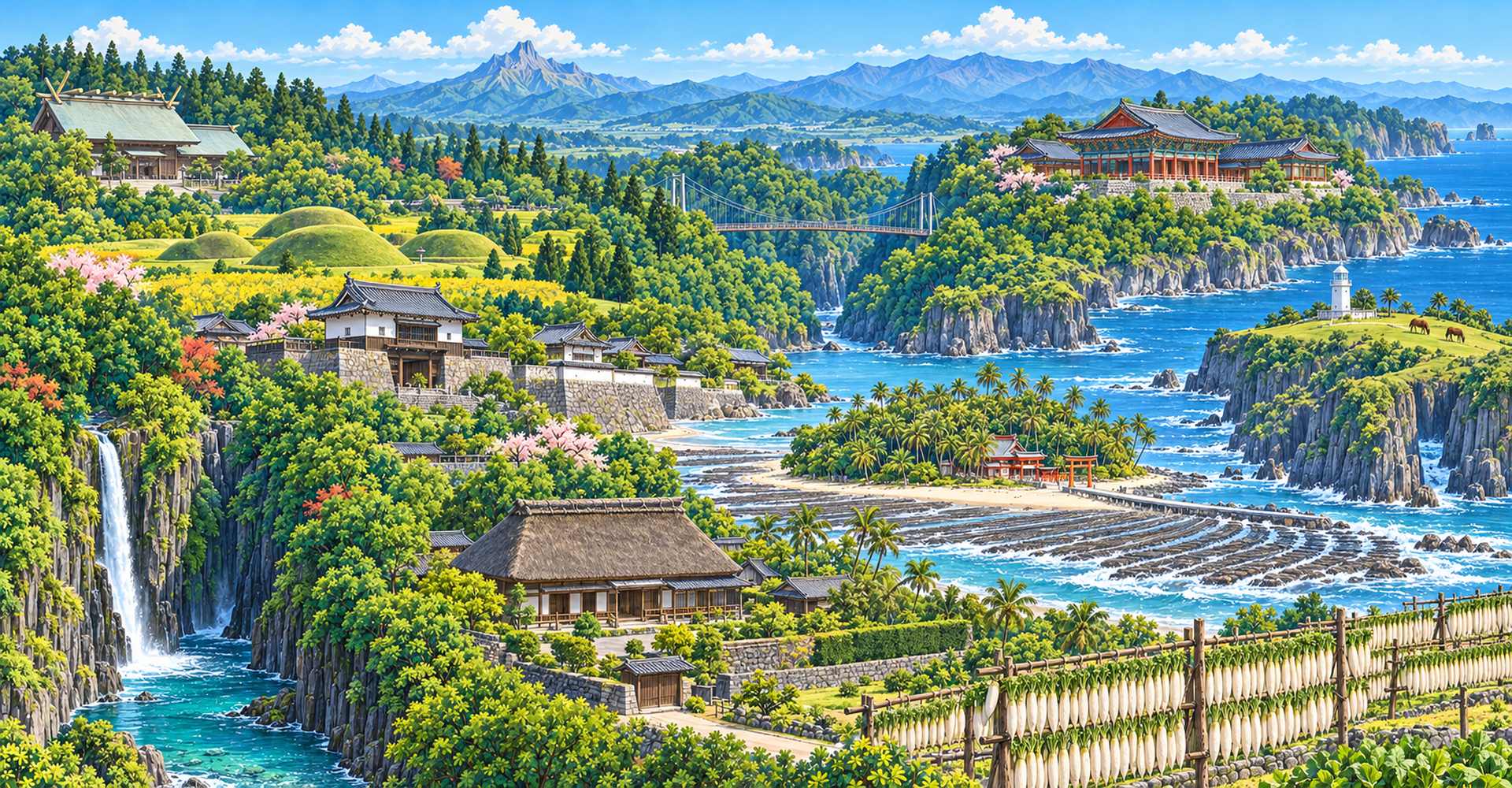 青島の鬼の洗濯板と青島神社の島を中央右に、高千穂峡の真名井の滝、都井岬の灯台と草原の馬、日向岬の馬ヶ背、飫肥城の大手門と城下町、西都原古墳群の菜の花、綾の照葉大吊橋、椎葉の鶴富屋敷、宮崎神宮、百済の館、田野の大根やぐら、霧島連山の高千穂峰などを1枚に描いた宮崎県の景観