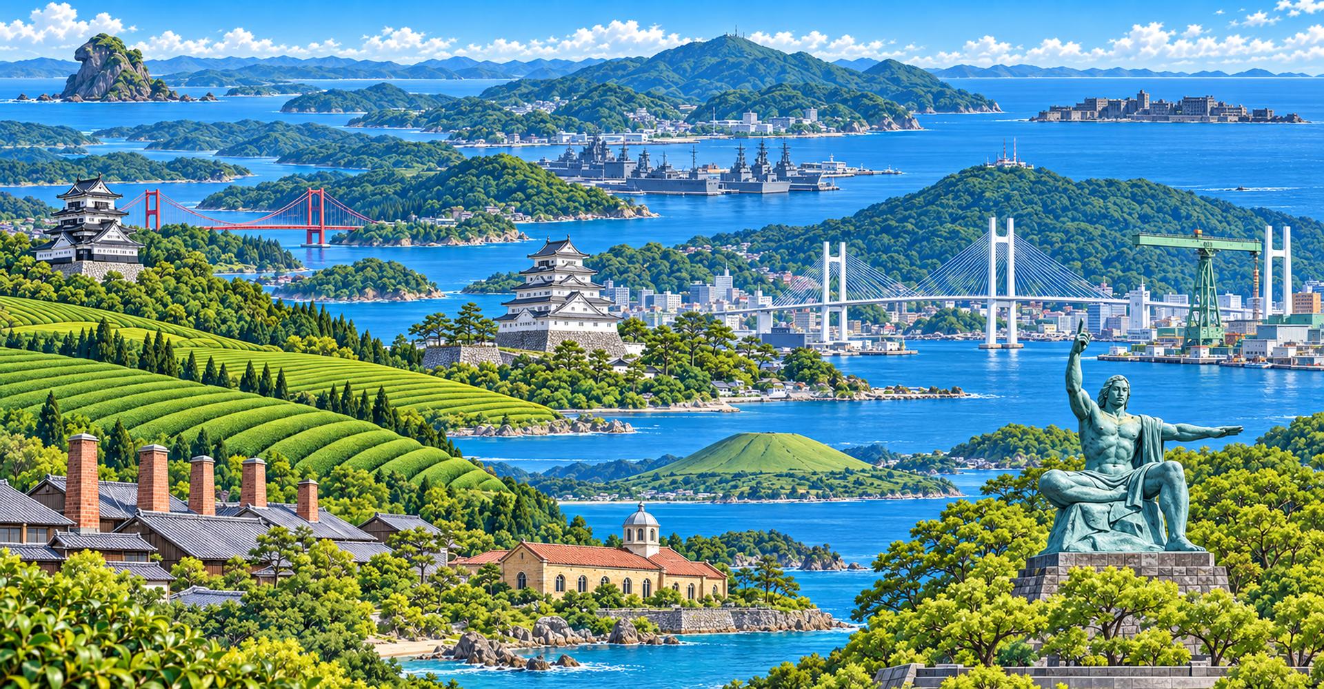 女神大橋と平和祈念像の長崎港、軍艦島、佐世保港、島原城、平戸城と平戸大橋、茶畑、窯元の煙突、島の教会、猿岩を1枚に描いた長崎県の景観