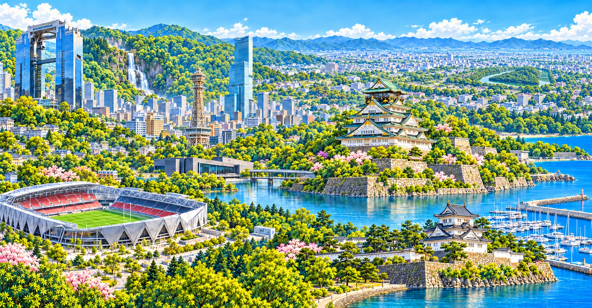 大阪城、梅田スカイビル、箕面大滝、花園ラグビー場、通天閣、あべのハルカス、堺の古墳、狭山池博物館、岸和田城、淡輪ヨットハーバーを1枚に描いた大阪府の景観