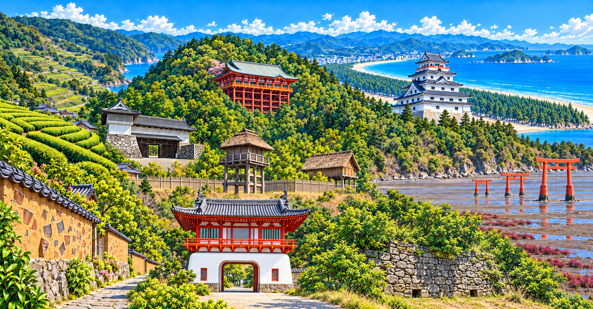 唐津城、有明海の干潟に立つ赤い鳥居、茶畑と土塀の石畳の路地、復元された楼門と物見櫓を1枚に描いた佐賀県の景観