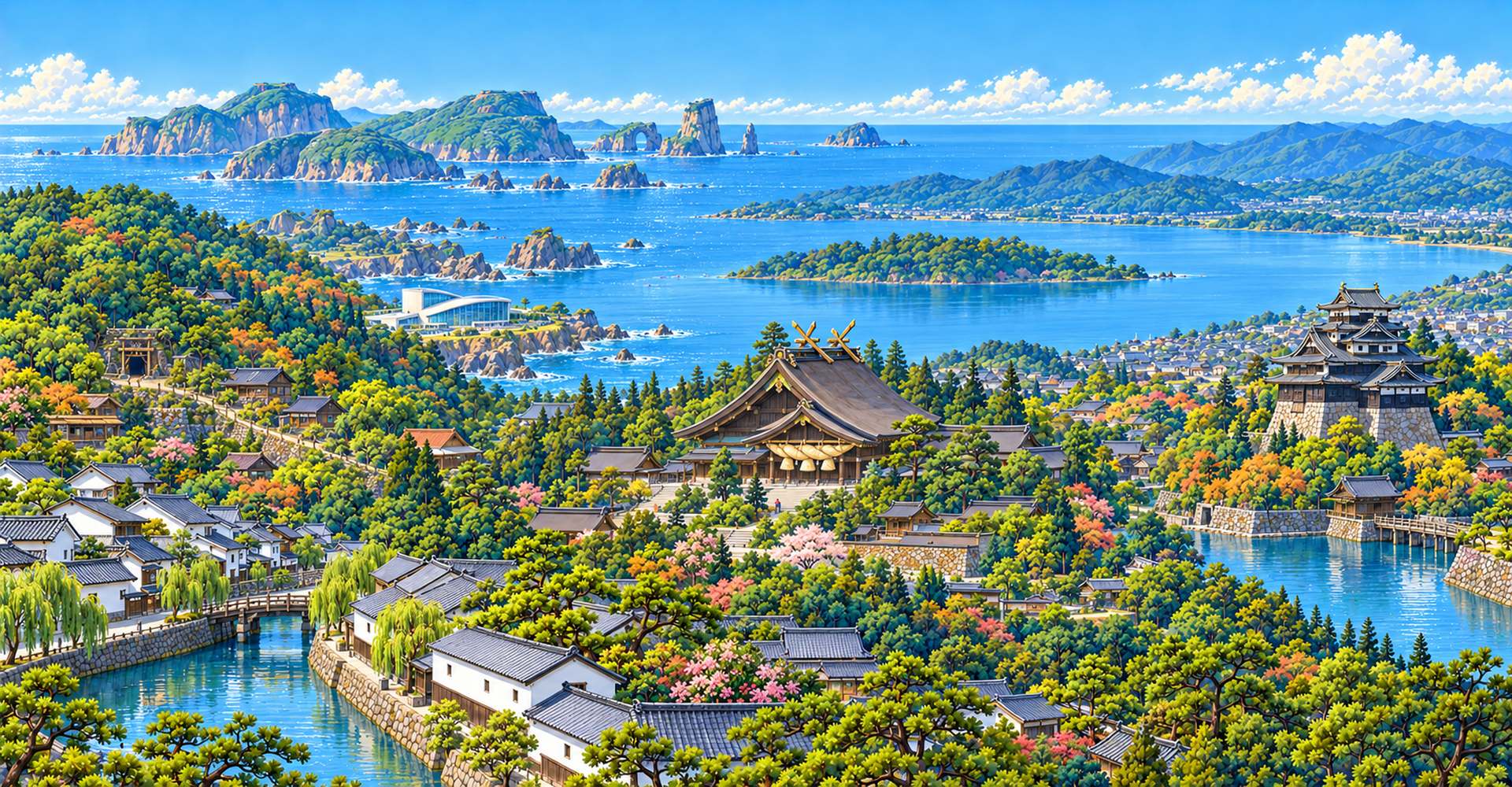 島根県の名所を並べた絵。松江城、大社造の大屋根、宍道湖畔の現代建築、石州瓦の赤い町並み、沖の島々