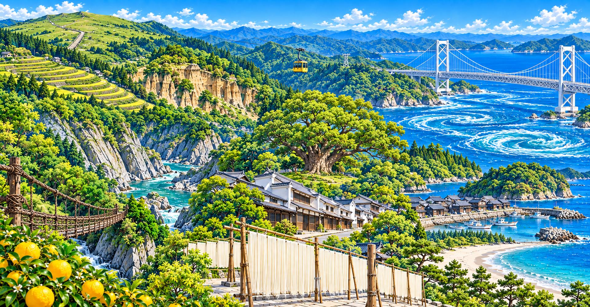 大鳴門橋と鳴門の渦潮、祖谷のかずら橋と大歩危峡、剣山の草地と木道、阿波の土柱、脇町のうだつの町並み、加茂の大クス、樫原の棚田、太龍寺ロープウェイ、木頭ゆず、出羽島の町並みと港、大浜海岸、半田そうめんの庭干しを1枚に描いた徳島県の景観