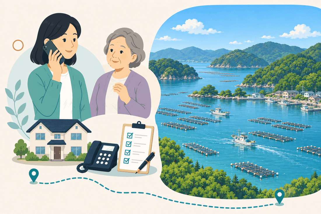 離れて暮らす家族と親、電話、確認表を描いた案内イラスト