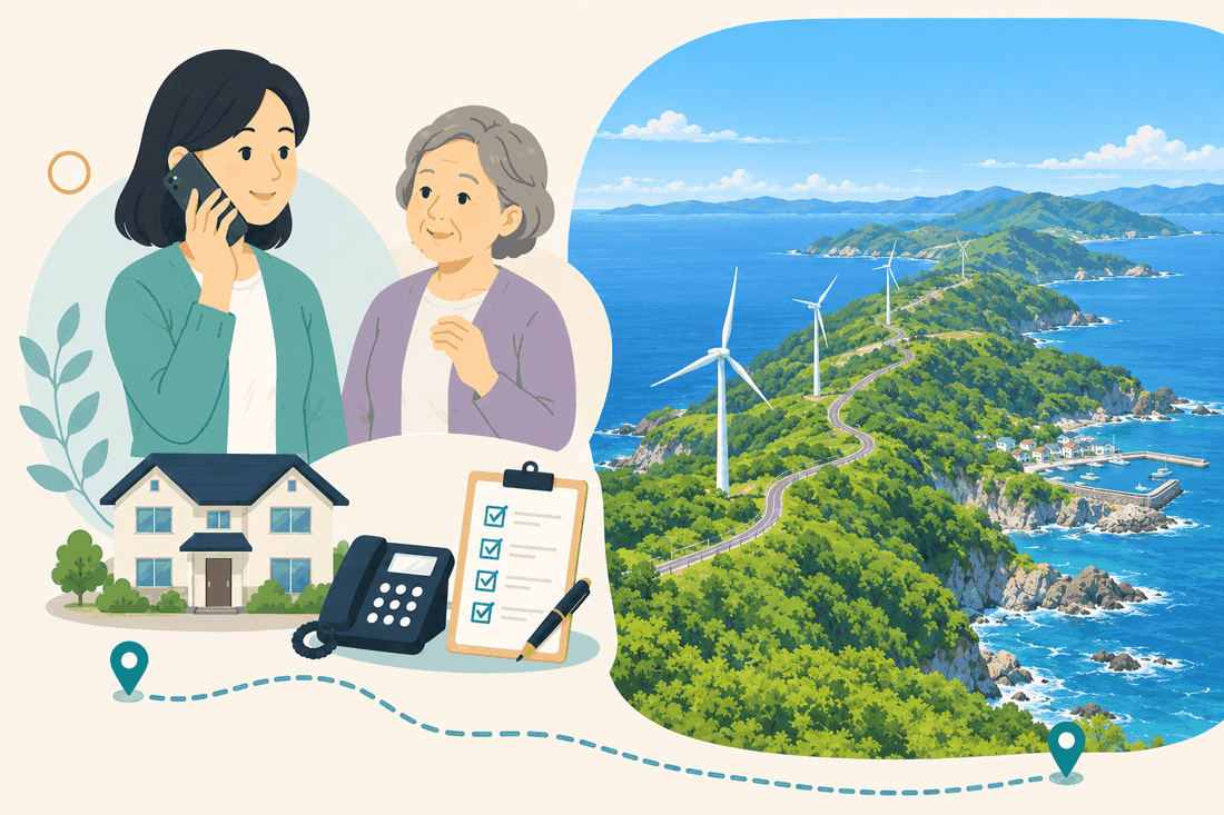 離れて暮らす家族と親、電話、確認表を描いた案内イラスト