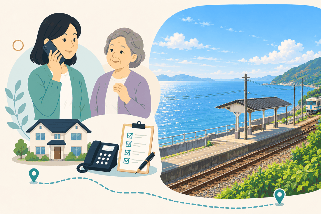 離れて暮らす家族と親、電話、確認表を描いた案内イラスト