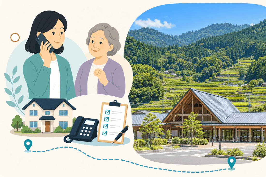 離れて暮らす家族と親、電話、確認表を描いた案内イラスト