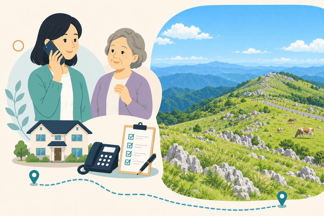 離れて暮らす家族と親、電話、確認表を描いた案内イラスト