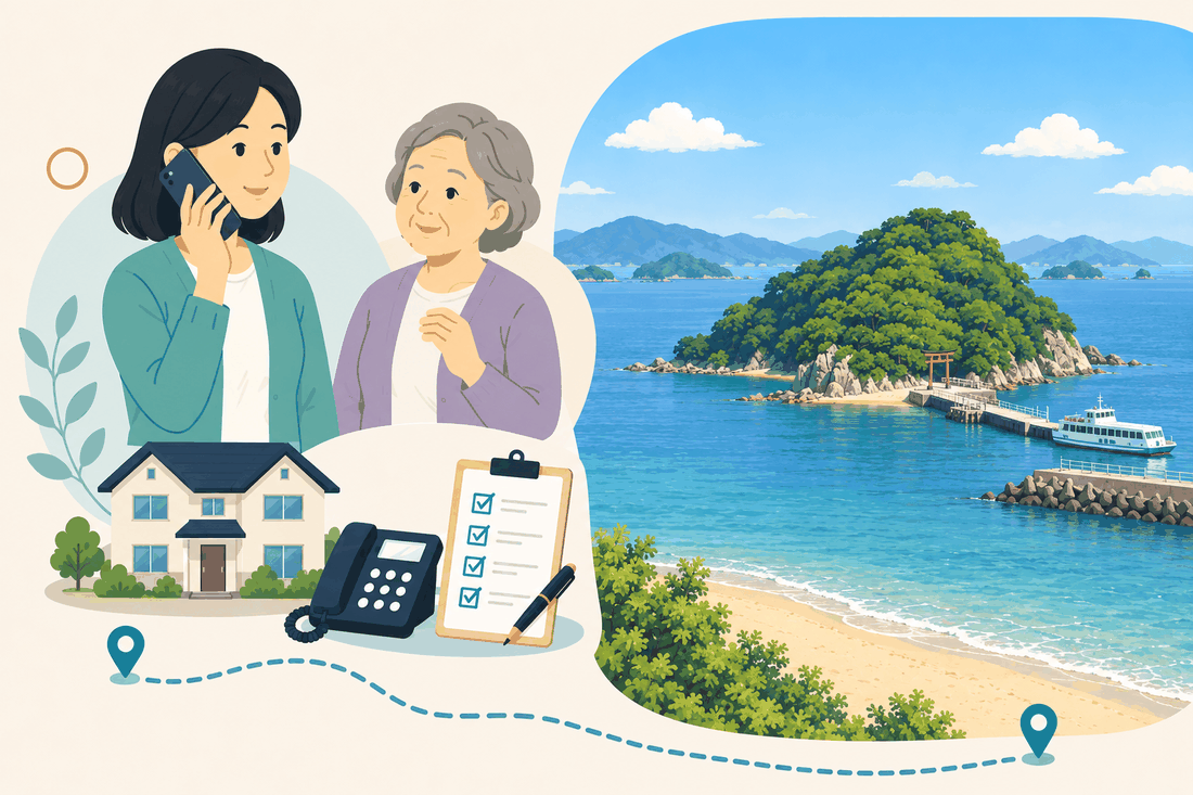 親の自宅へ食事と買い物を届ける生活支援の案内イラスト
