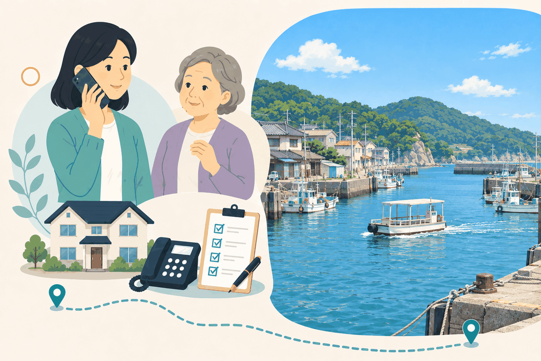 親の自宅へ食事と買い物を届ける生活支援の案内イラスト