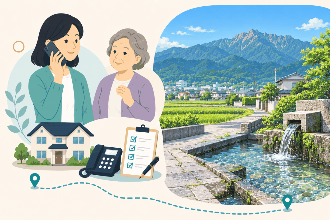 離れて暮らす家族と親、電話、確認表を描いた案内イラスト