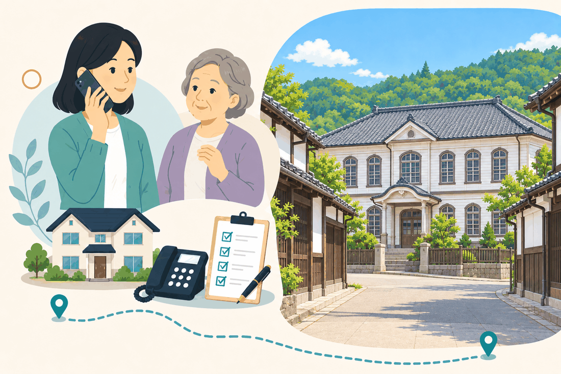 離れて暮らす家族と親、電話、確認表を描いた案内イラスト