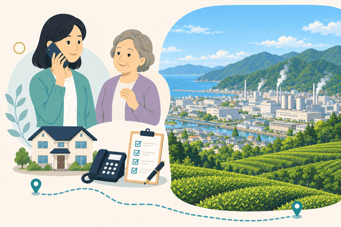 離れて暮らす家族と親、電話、確認表を描いた案内イラスト