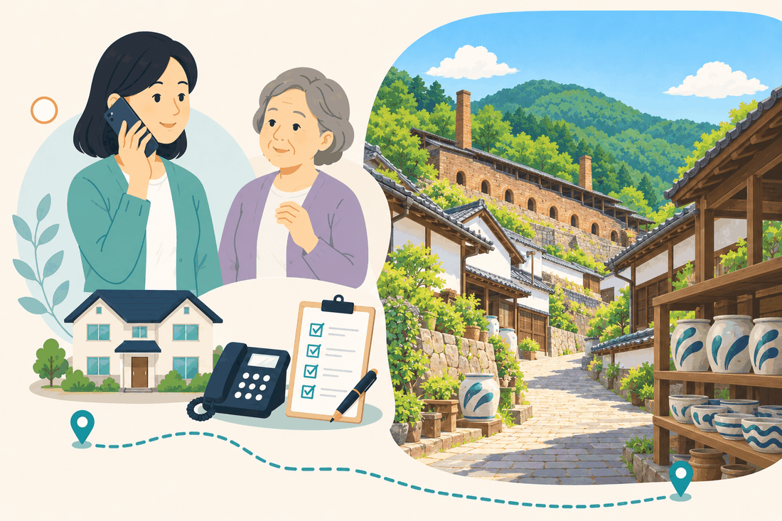 離れて暮らす家族と親、電話、確認表を描いた案内イラスト