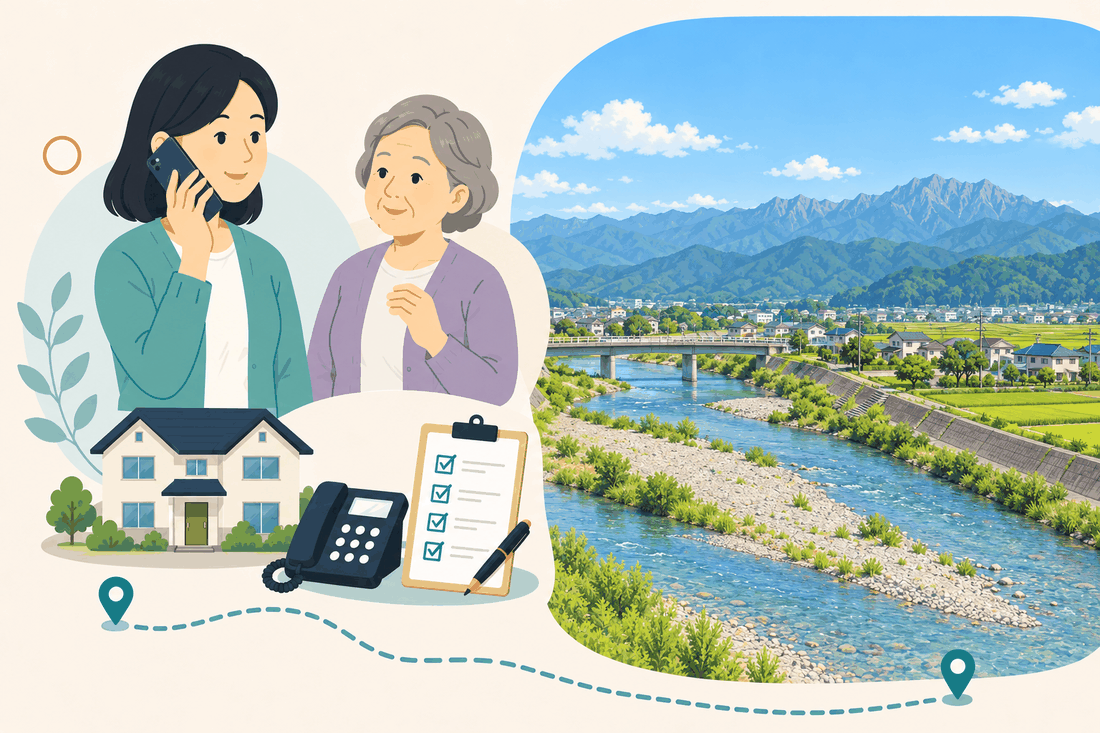 離れて暮らす家族と親、電話、確認表を描いた案内イラスト
