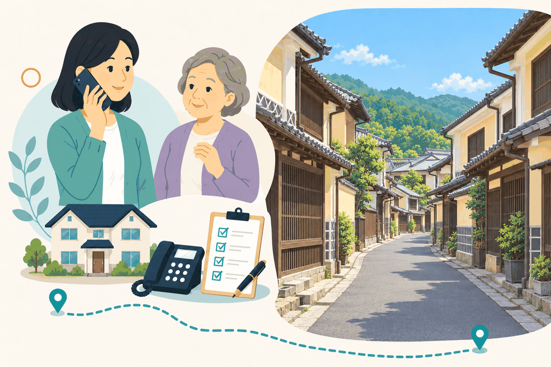 離れて暮らす家族と親、電話、確認表を描いた案内イラスト