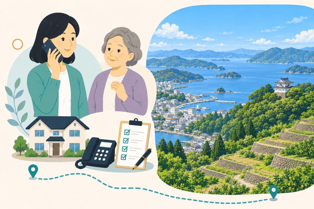 離れて暮らす家族と親、電話、確認表を描いた案内イラスト