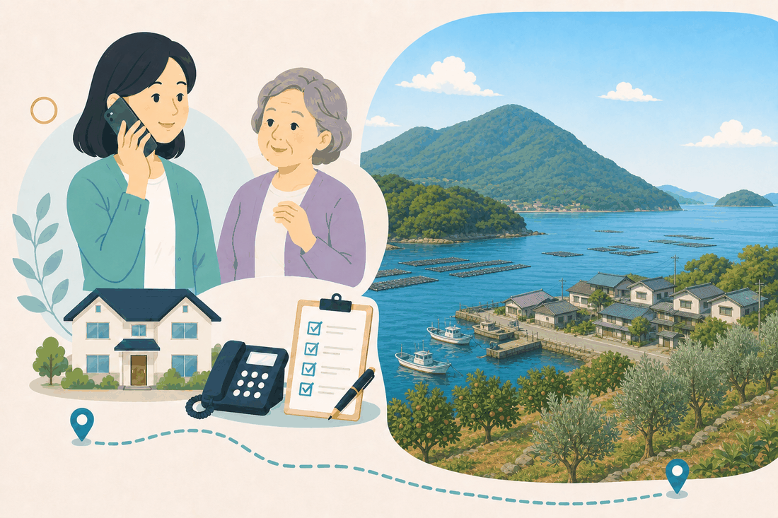 離れて暮らす娘と親、電話、確認表、江田島の海とカキ筏・古鷹山・段々畑を描いた江田島市版の案内イラスト