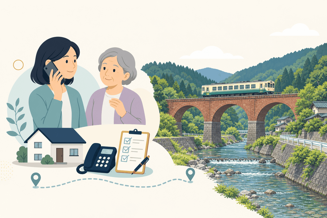 離れて暮らす家族と親、電話、確認表と、赤村の風景を描いた案内イラスト