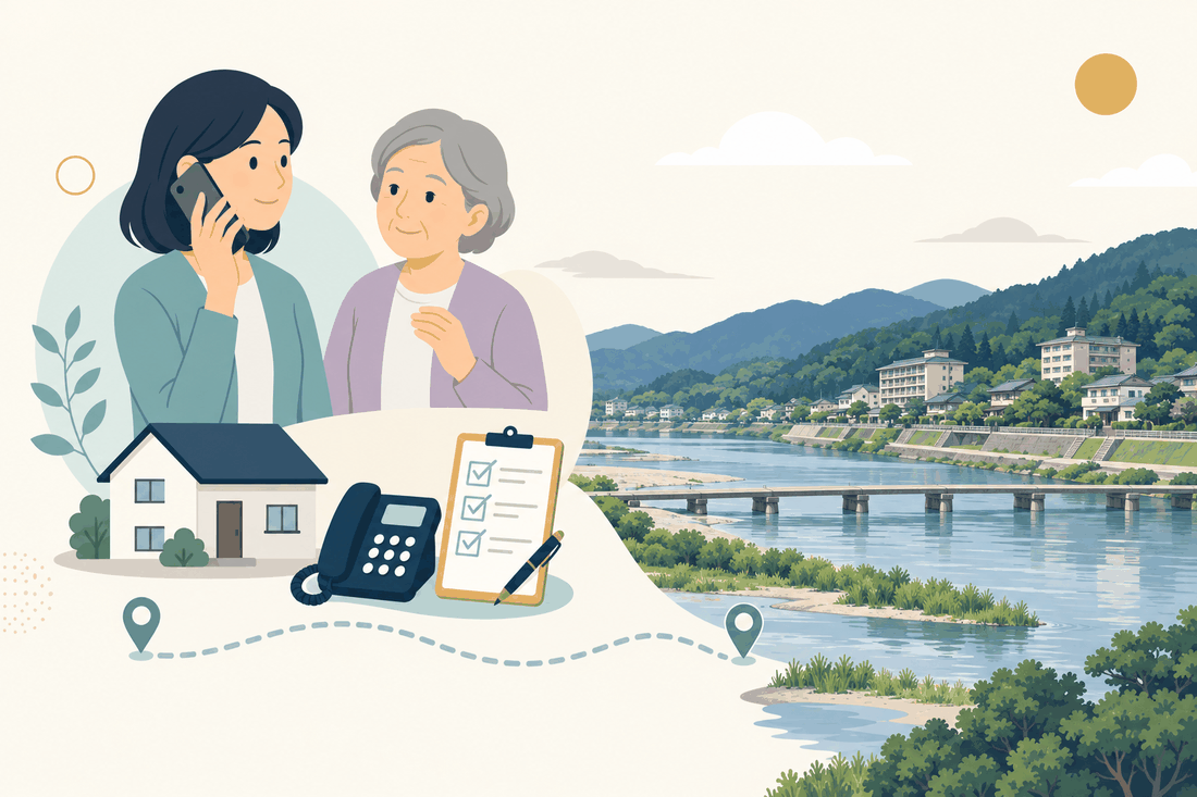 離れて暮らす家族と親、電話、確認表と、朝倉市の風景を描いた案内イラスト