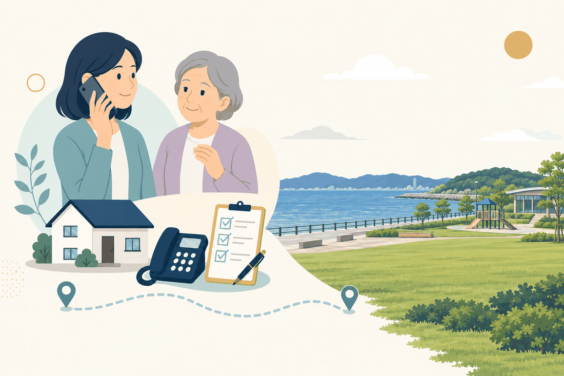 離れて暮らす家族と親、電話、確認表と、芦屋町の風景を描いた案内イラスト