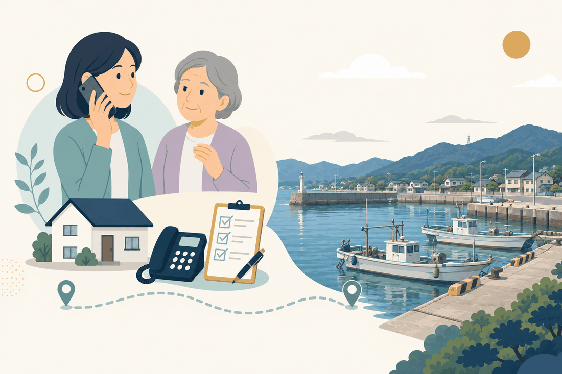 離れて暮らす家族と親、電話、確認表と、豊前市の風景を描いた案内イラスト