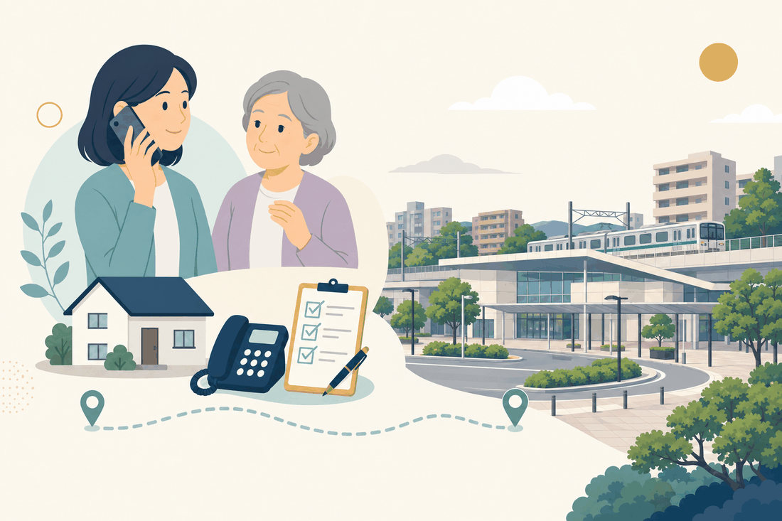 離れて暮らす家族と親、電話、確認表と、筑後市の風景を描いた案内イラスト