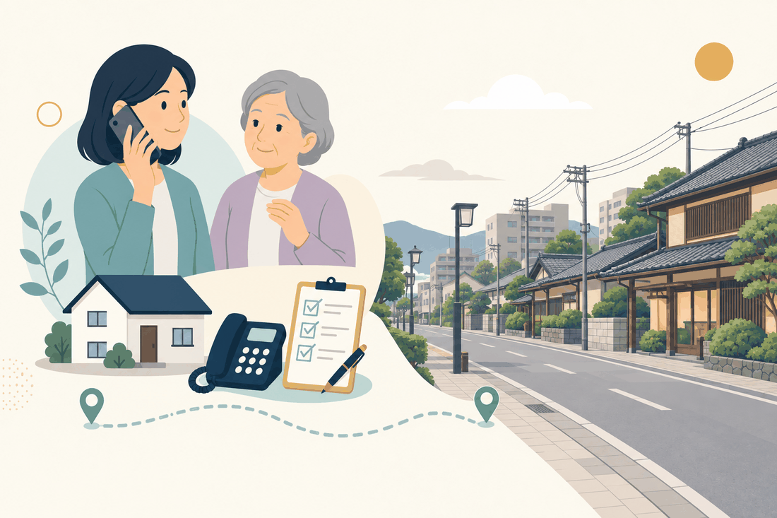 離れて暮らす家族と親、電話、確認表と、筑紫野市の風景を描いた案内イラスト