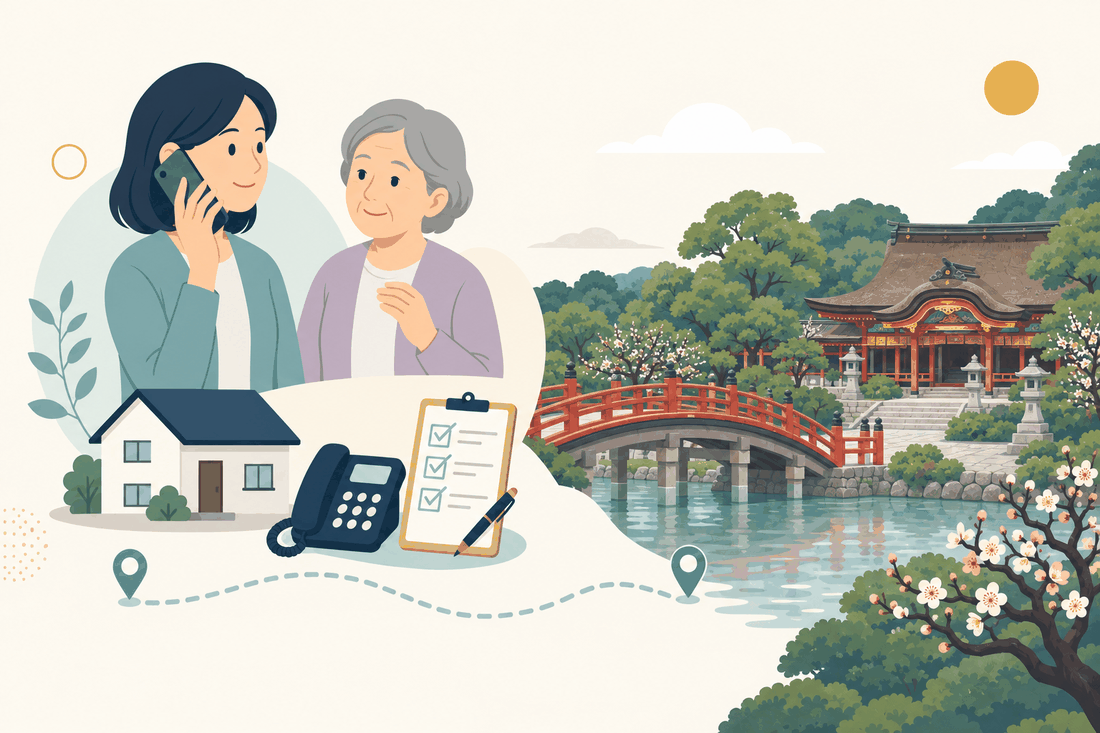 離れて暮らす家族と親、電話、確認表と、太宰府市の風景を描いた案内イラスト