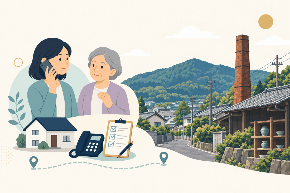 離れて暮らす家族と親、電話、確認表と、福智町の風景を描いた案内イラスト