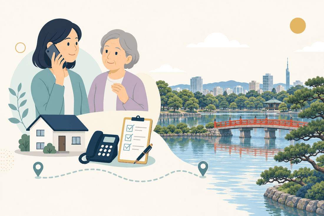 離れて暮らす家族と親、電話、確認表、大濠公園の池と橋を描いた案内イラスト