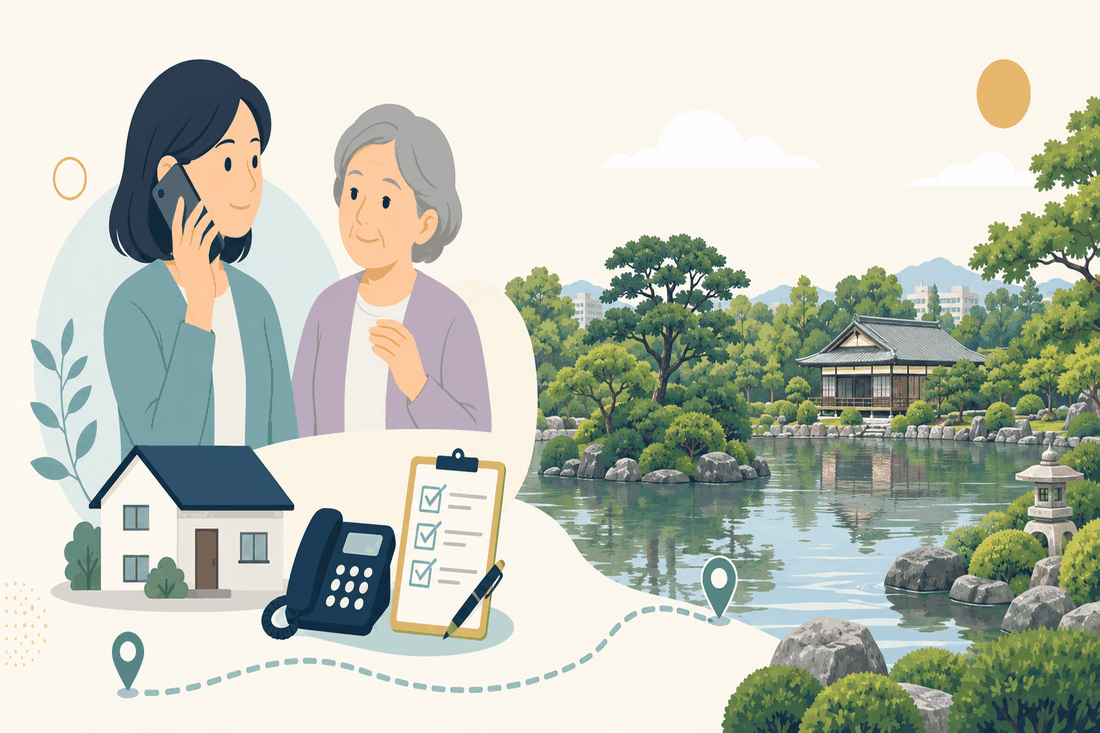 離れて暮らす家族と親、電話、確認表、池のある日本庭園を描いた案内イラスト