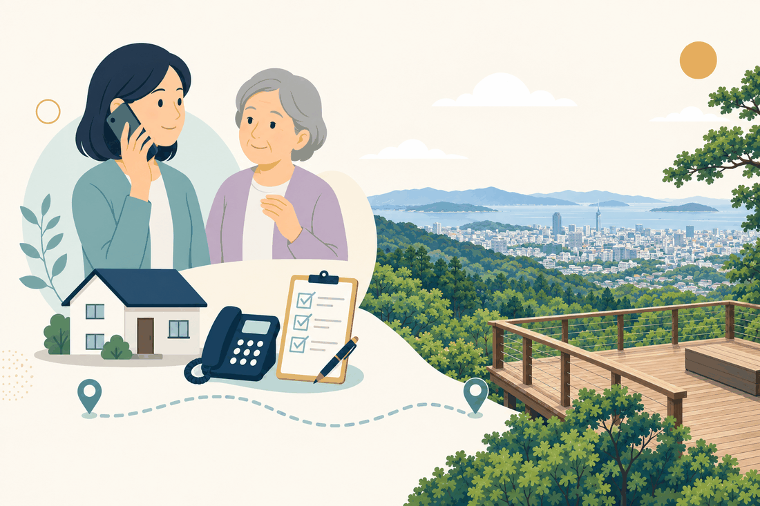 離れて暮らす家族と親、電話、確認表、高台の展望デッキから見下ろす福岡市街を描いた案内イラスト
