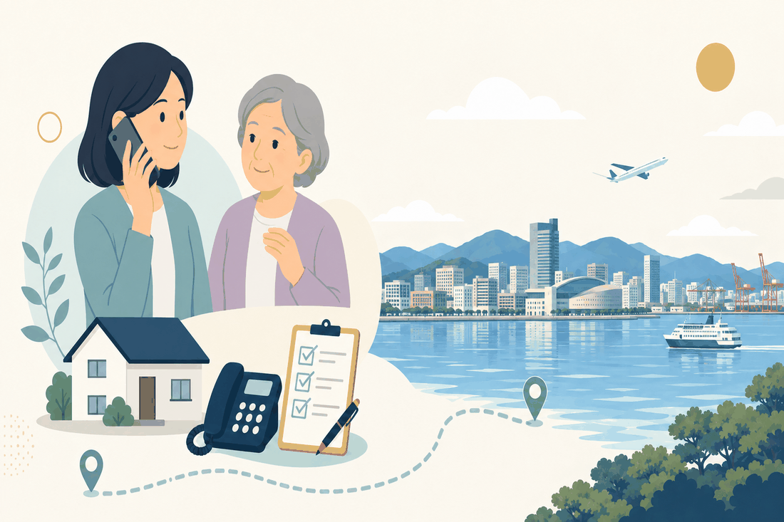 離れて暮らす家族と親、電話、確認表、博多湾ごしに望む福岡市の高層ビル群とドーム型施設を描いた案内イラスト