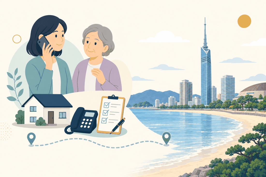 離れて暮らす家族と親、電話、確認表、福岡タワーと百道浜の海岸を描いた案内イラスト
