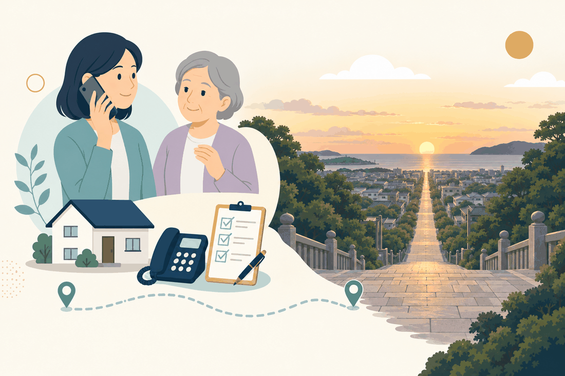 離れて暮らす家族と親、電話、確認表と、福津市の風景を描いた案内イラスト