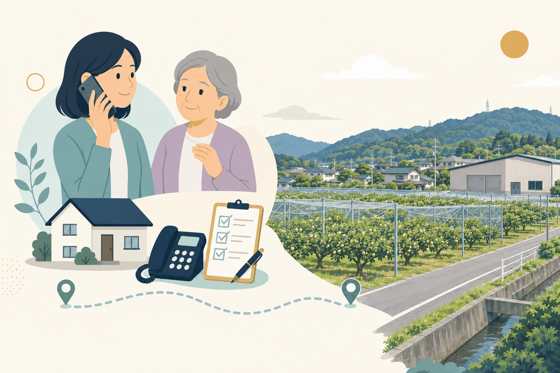 離れて暮らす家族と親、電話、確認表と、広川町の風景を描いた案内イラスト