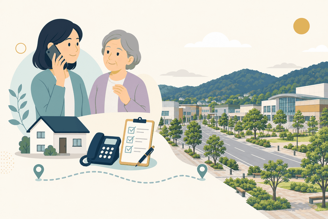 離れて暮らす家族と親、電話、確認表と、久山町の風景を描いた案内イラスト