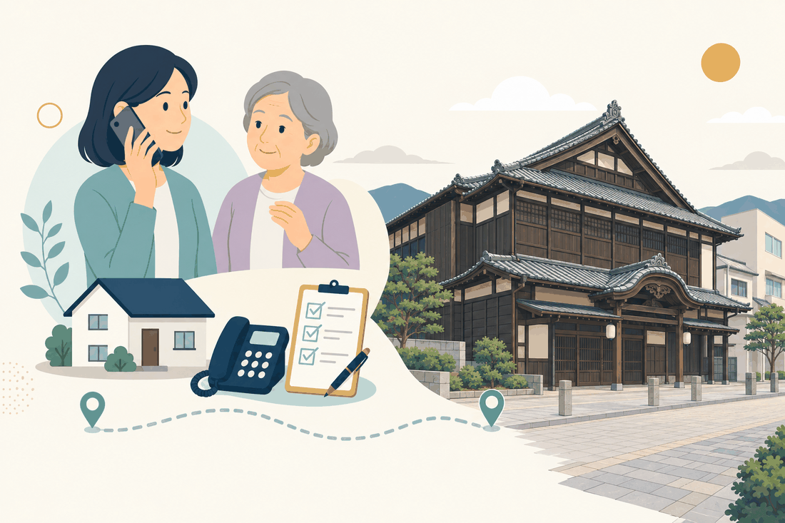 離れて暮らす家族と親、電話、確認表と、飯塚市の風景を描いた案内イラスト
