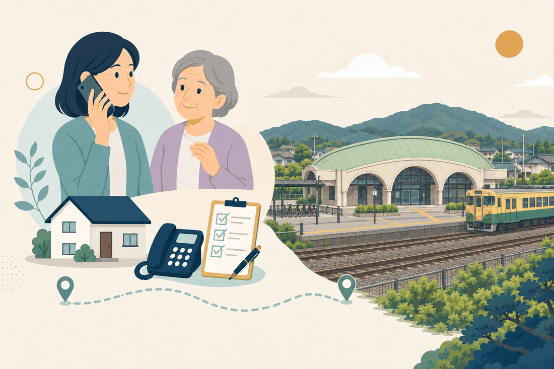 離れて暮らす家族と親、電話、確認表と、糸田町の風景を描いた案内イラスト