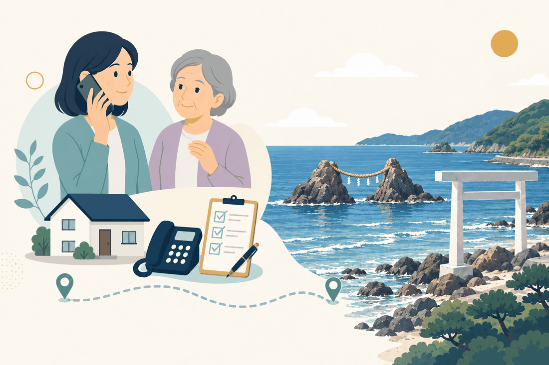 離れて暮らす家族と親、電話、確認表と、糸島市の風景を描いた案内イラスト