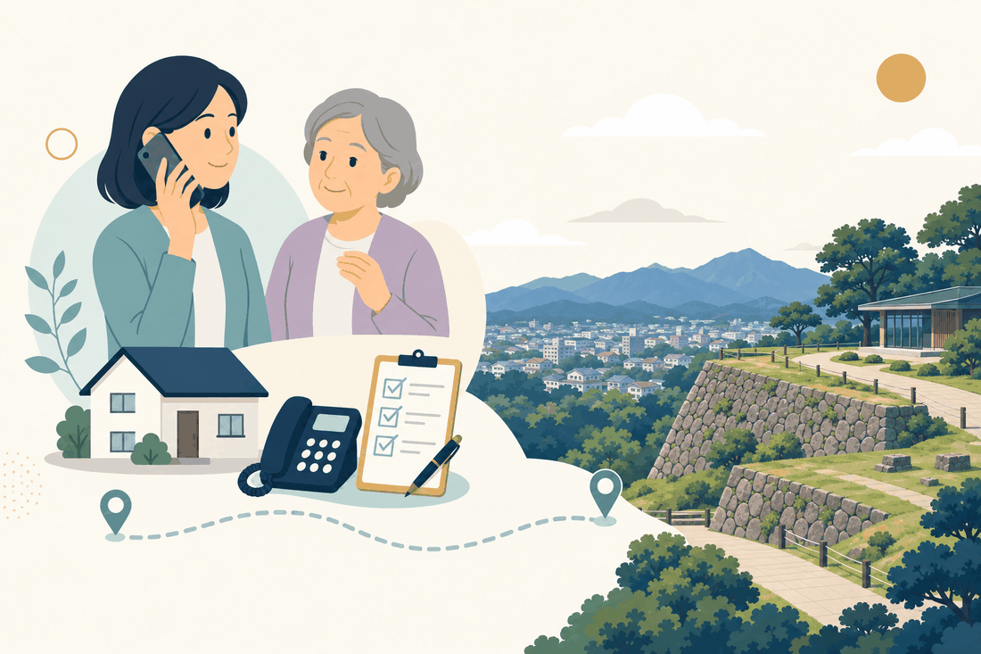 離れて暮らす家族と親、電話、確認表と、嘉麻市の風景を描いた案内イラスト