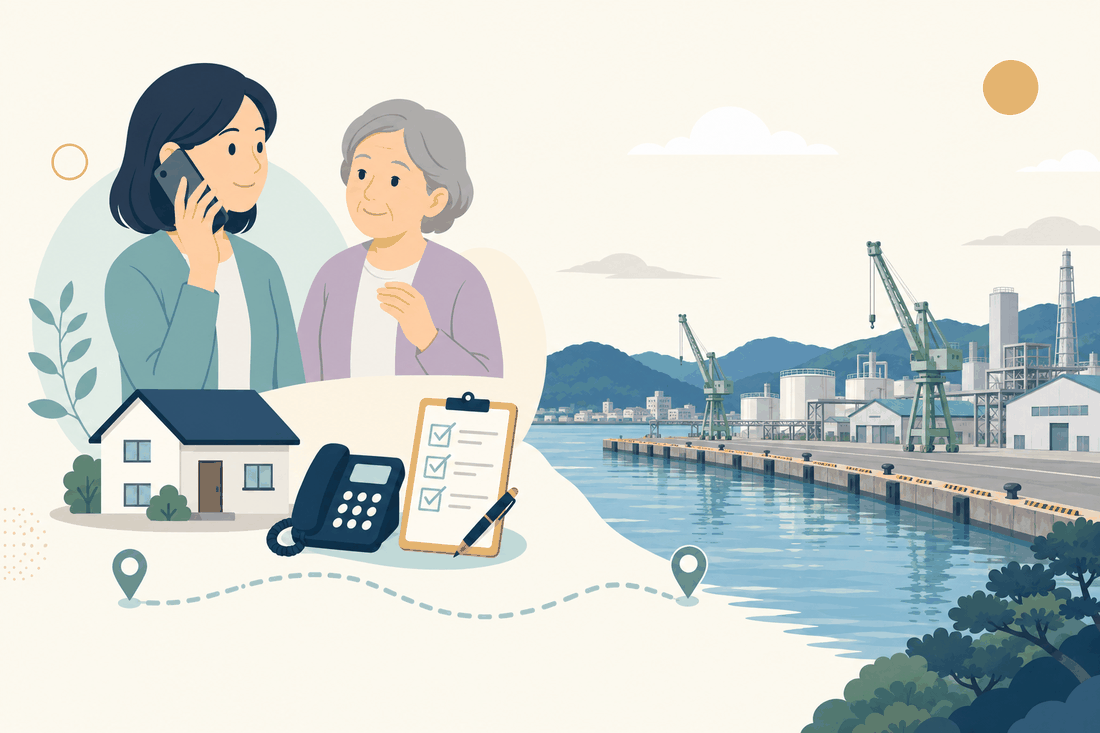 離れて暮らす家族と親、電話、確認表と、苅田町の風景を描いた案内イラスト