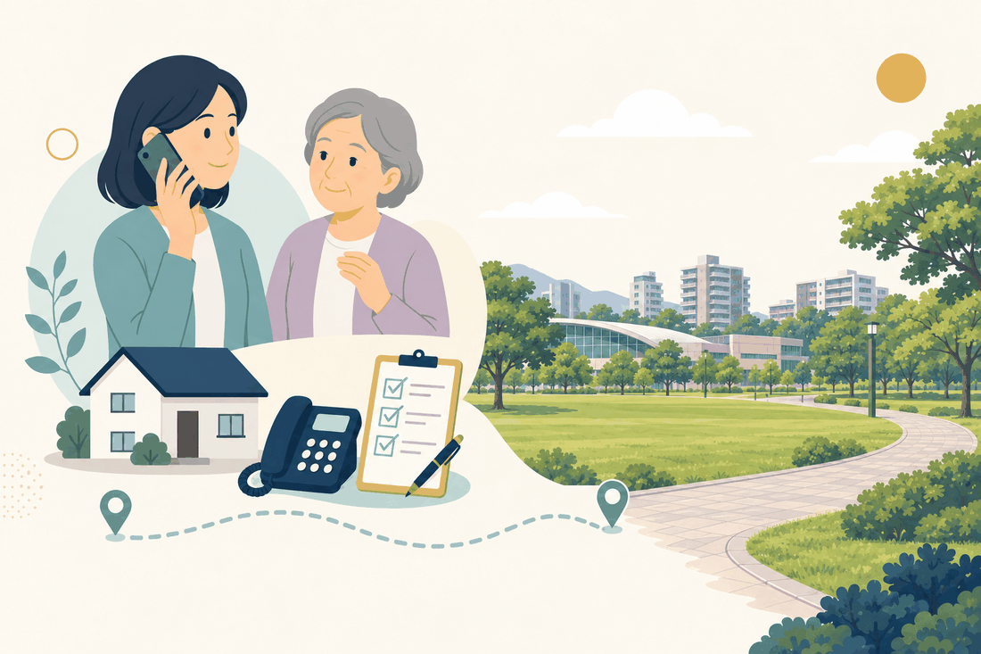 離れて暮らす家族と親、電話、確認表と、春日市の風景を描いた案内イラスト
