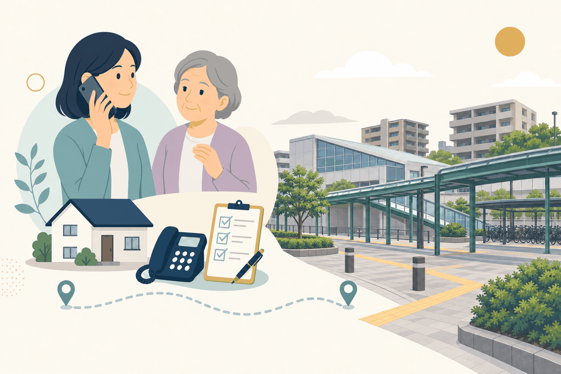 離れて暮らす家族と親、電話、確認表と、粕屋町の風景を描いた案内イラスト